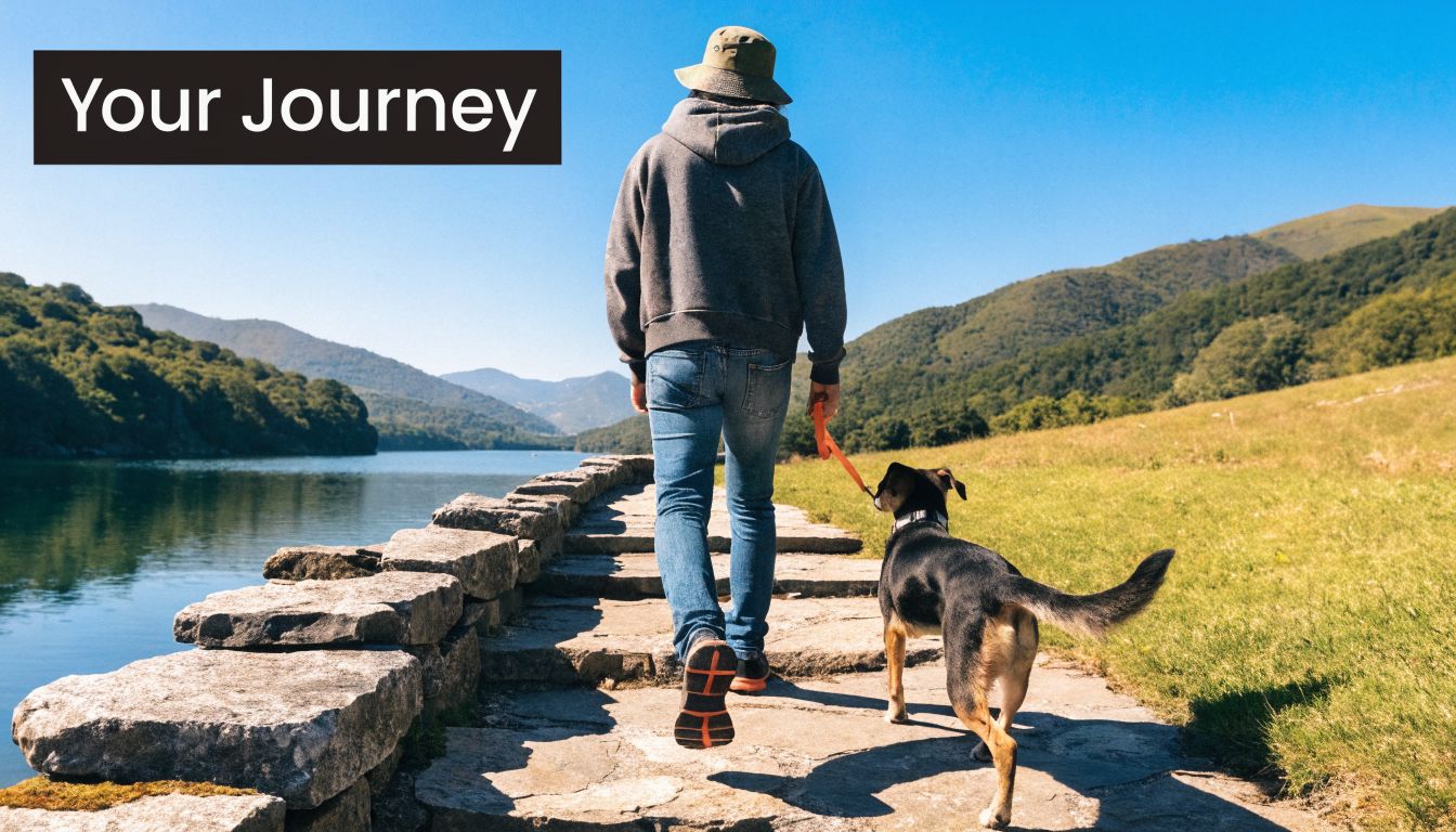 A person in a hoodie and bucket hat walks their dog along a stone path by a lake.