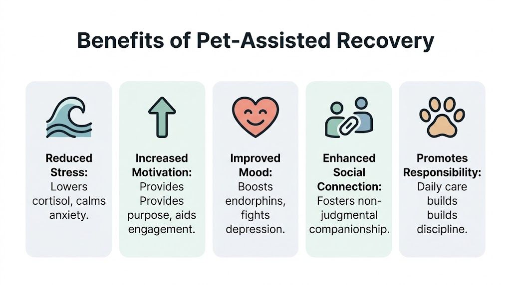 An infographic showing five key benefits of pet-assisted recovery including stress relief and increased personal responsibility.