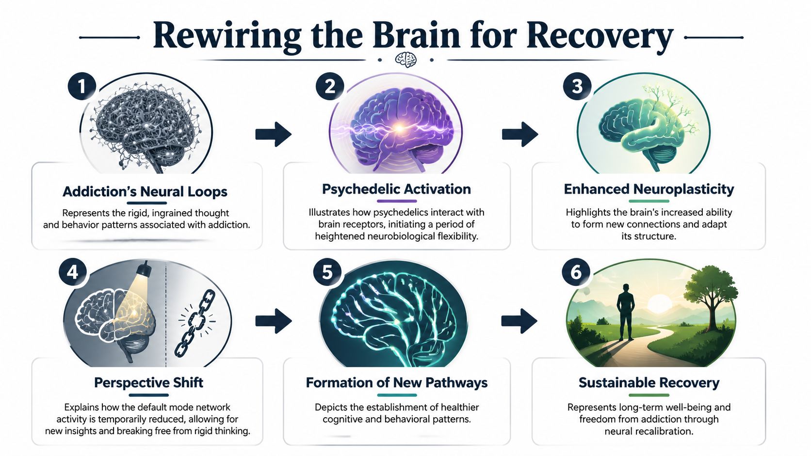 A six-step infographic illustrating how psychedelic-assisted therapy can rewire the brain for sustainable recovery from addiction.