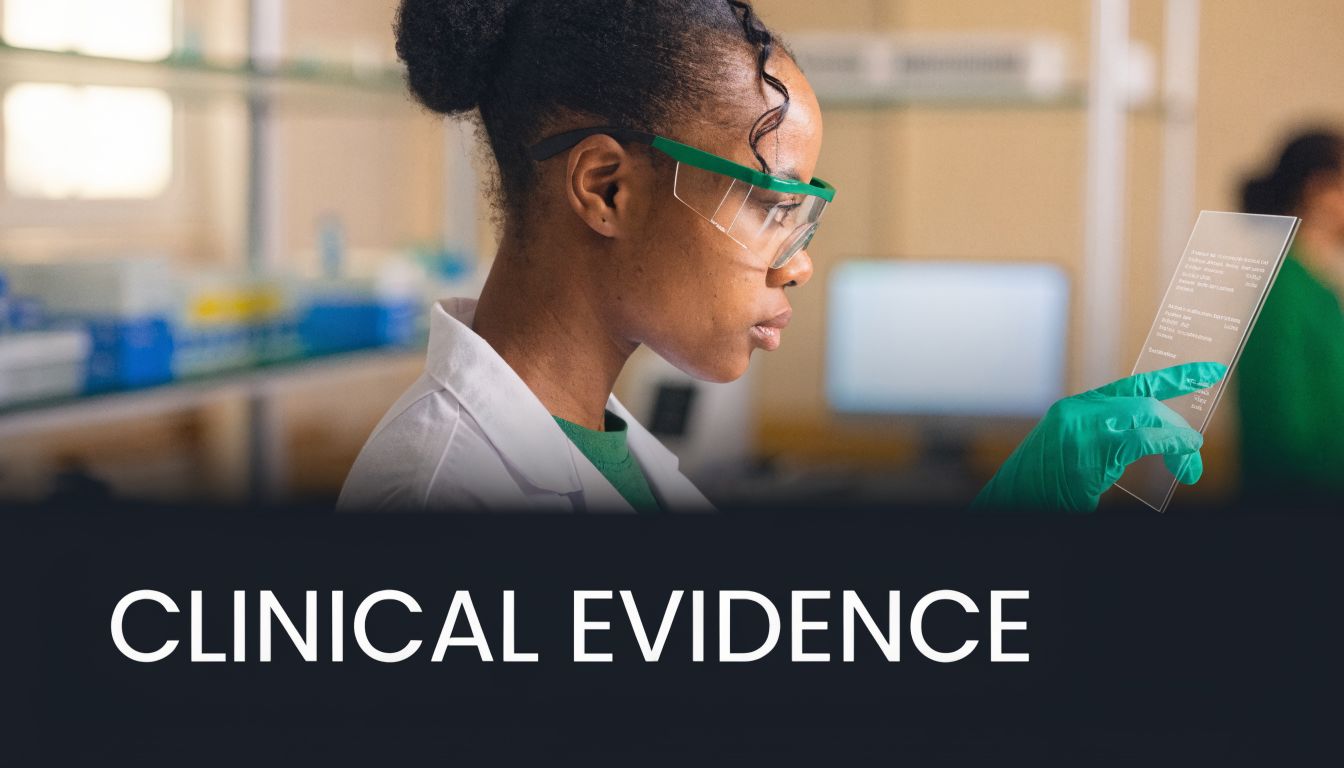 A female scientist in a laboratory holding a transparent glass tablet, with the words Clinical Evidence below.