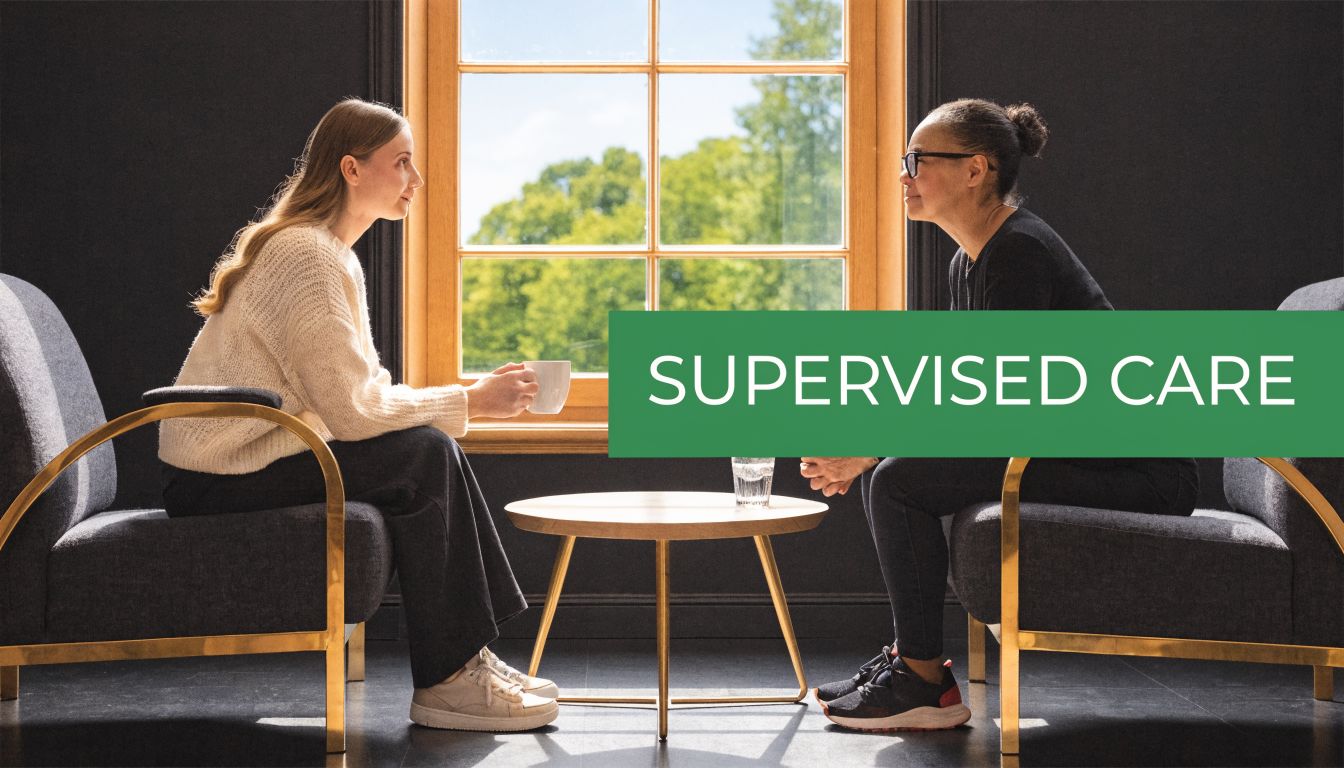 A professional therapist and client having a supportive conversation while seated in armchairs by a window.