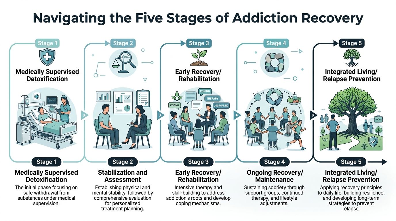 A diagram illustrating the five stages of addiction recovery, from detoxification to long-term integrated living and relapse prevention.