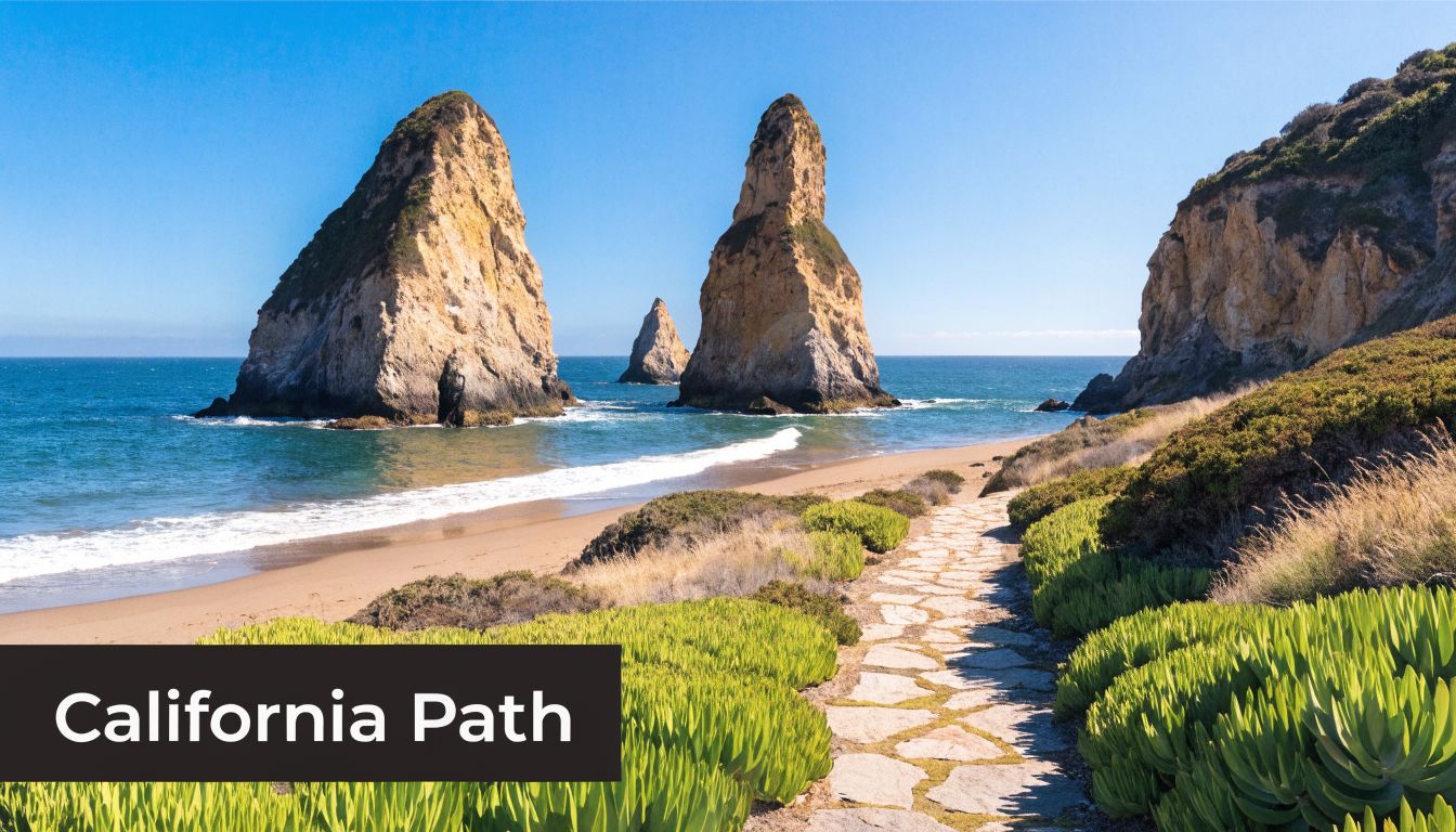 A scenic stone pathway leading towards sandy beach shores with towering rock formations in the ocean.