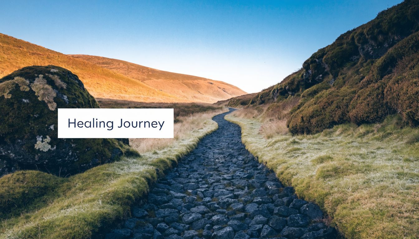 A scenic stone path winding through a grassy valley toward distant hills under a clear sky.