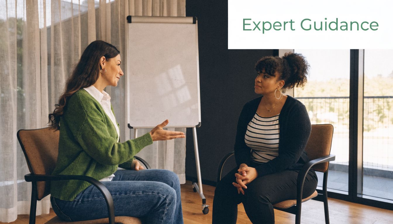 A professional woman in a green sweater giving advice to a client during a therapy session.