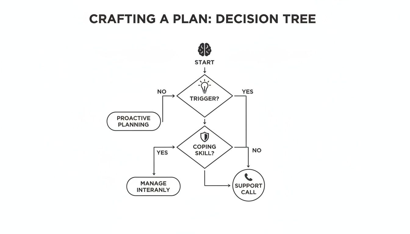 A flowchart decision tree outlining steps for managing triggers, including proactive planning, coping skills, and support calls.