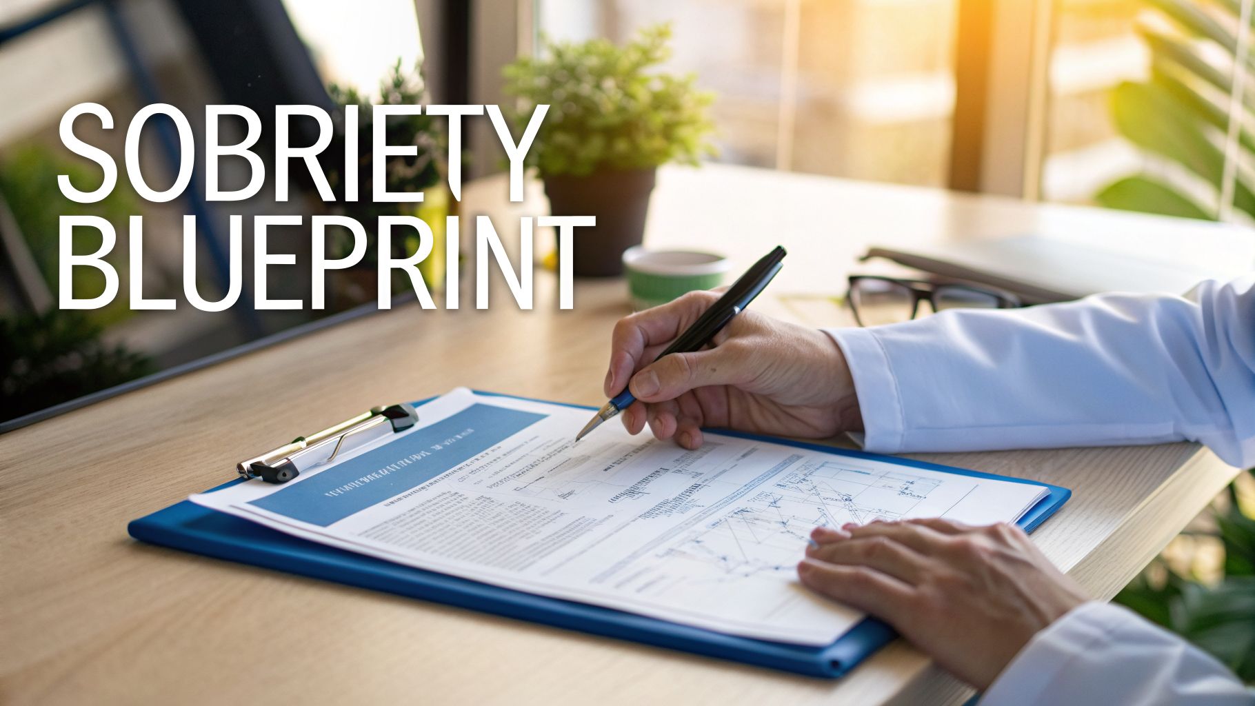 Person's hands writing on a document titled 'Sobriety Blueprint' on a clipboard, signifying a plan.