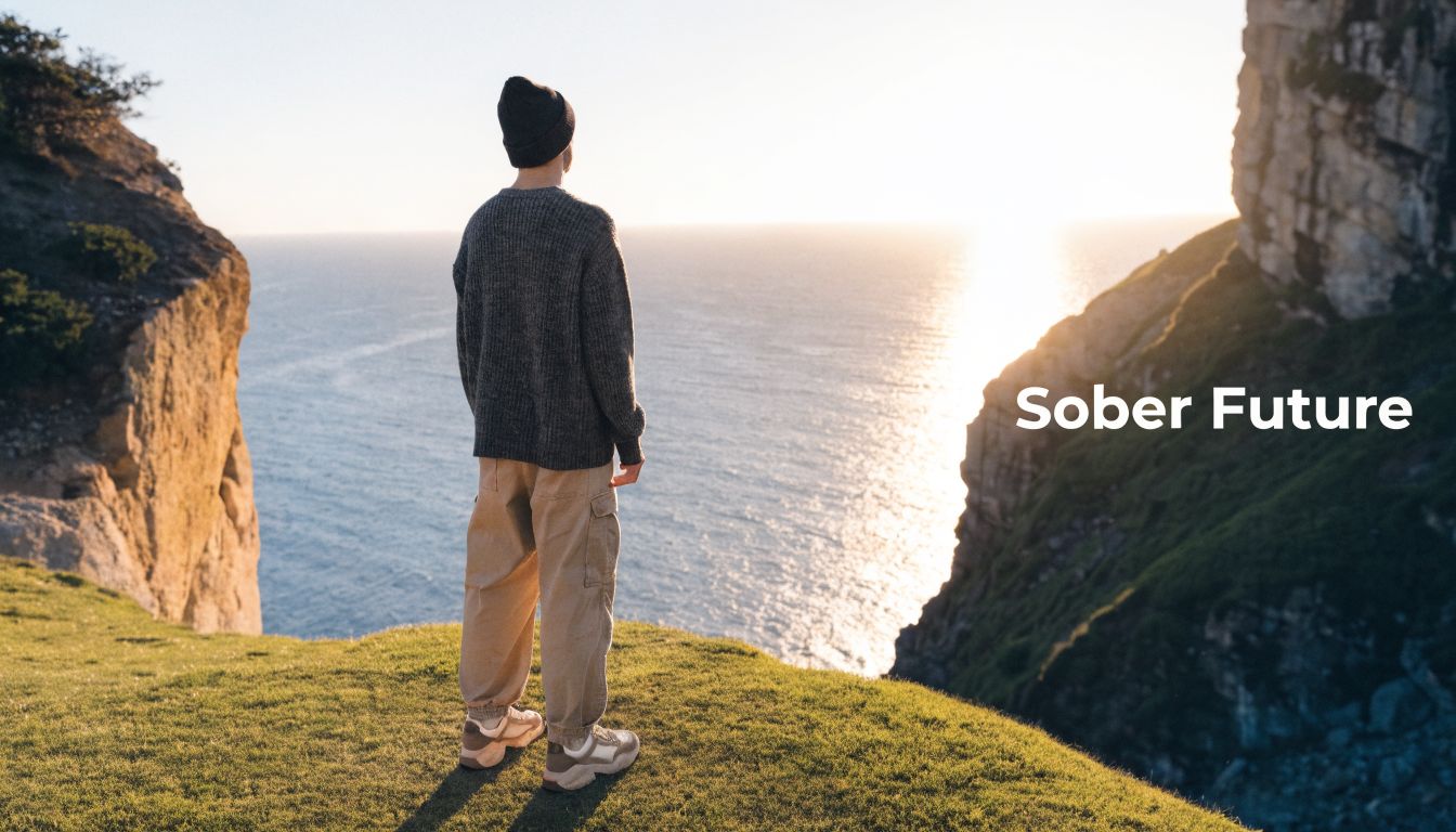 A person standing on a cliff edge overlooking the sea, symbolizing a sober future journey.