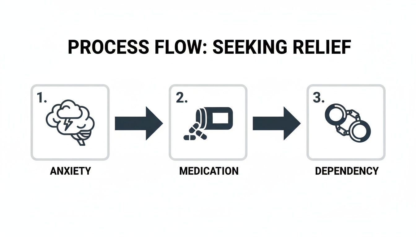 Process flow illustrating the progression from anxiety to medication use and then dependency.