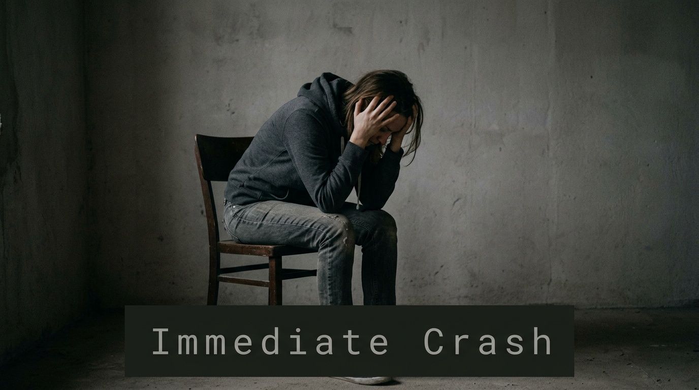 A person sitting on a wooden chair, hunched over with their head in their hands in distress.