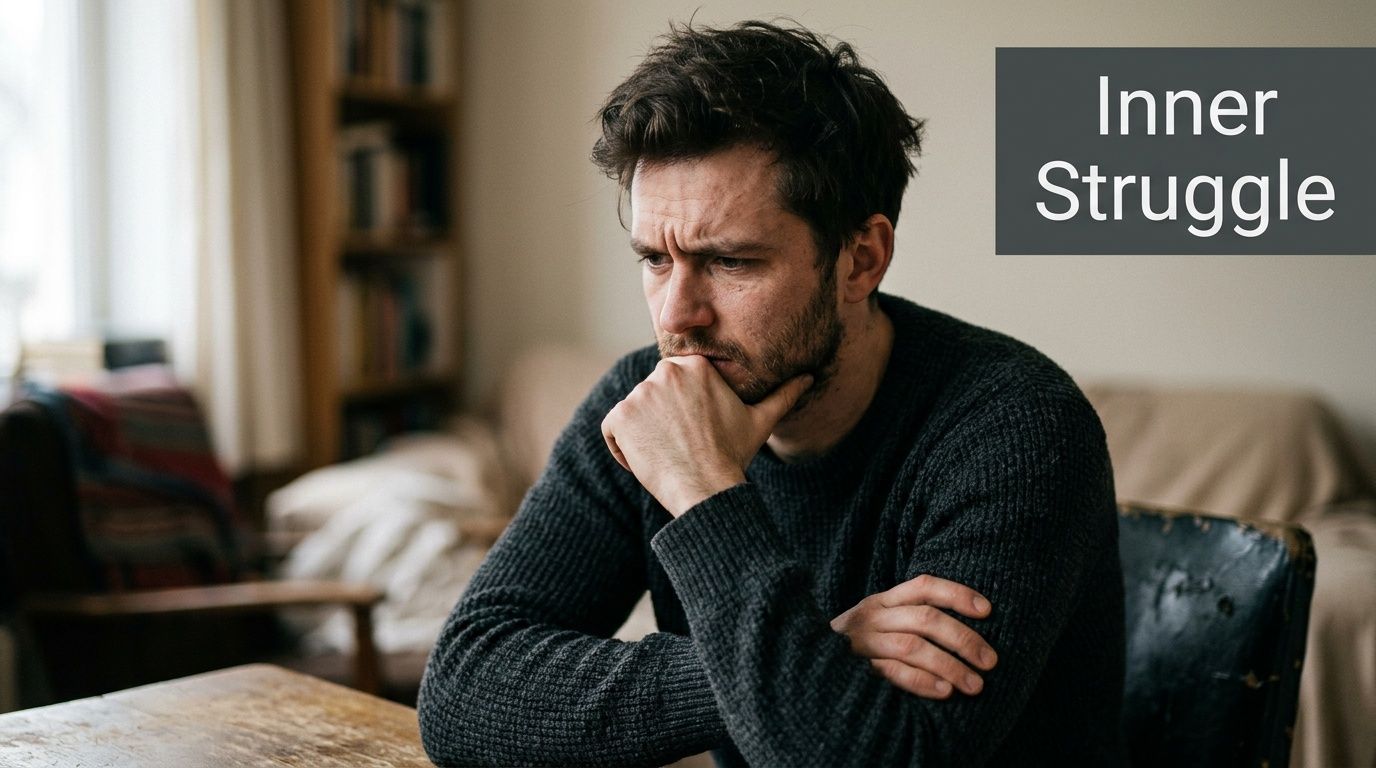 A distressed man sits at a wooden table in deep thought, representing the challenges of inner struggle.