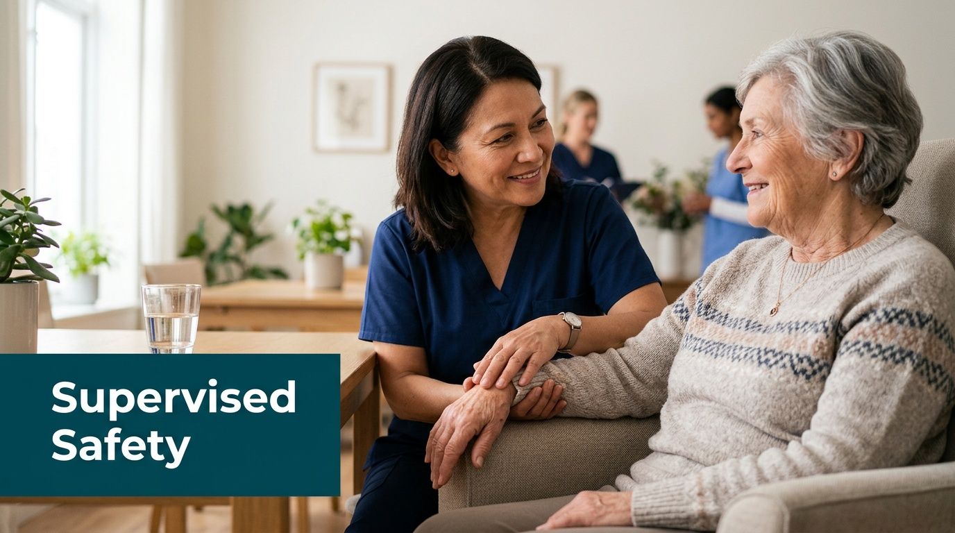 A caring nurse gently holding the hand of an elderly woman in a comfortable, bright facility.