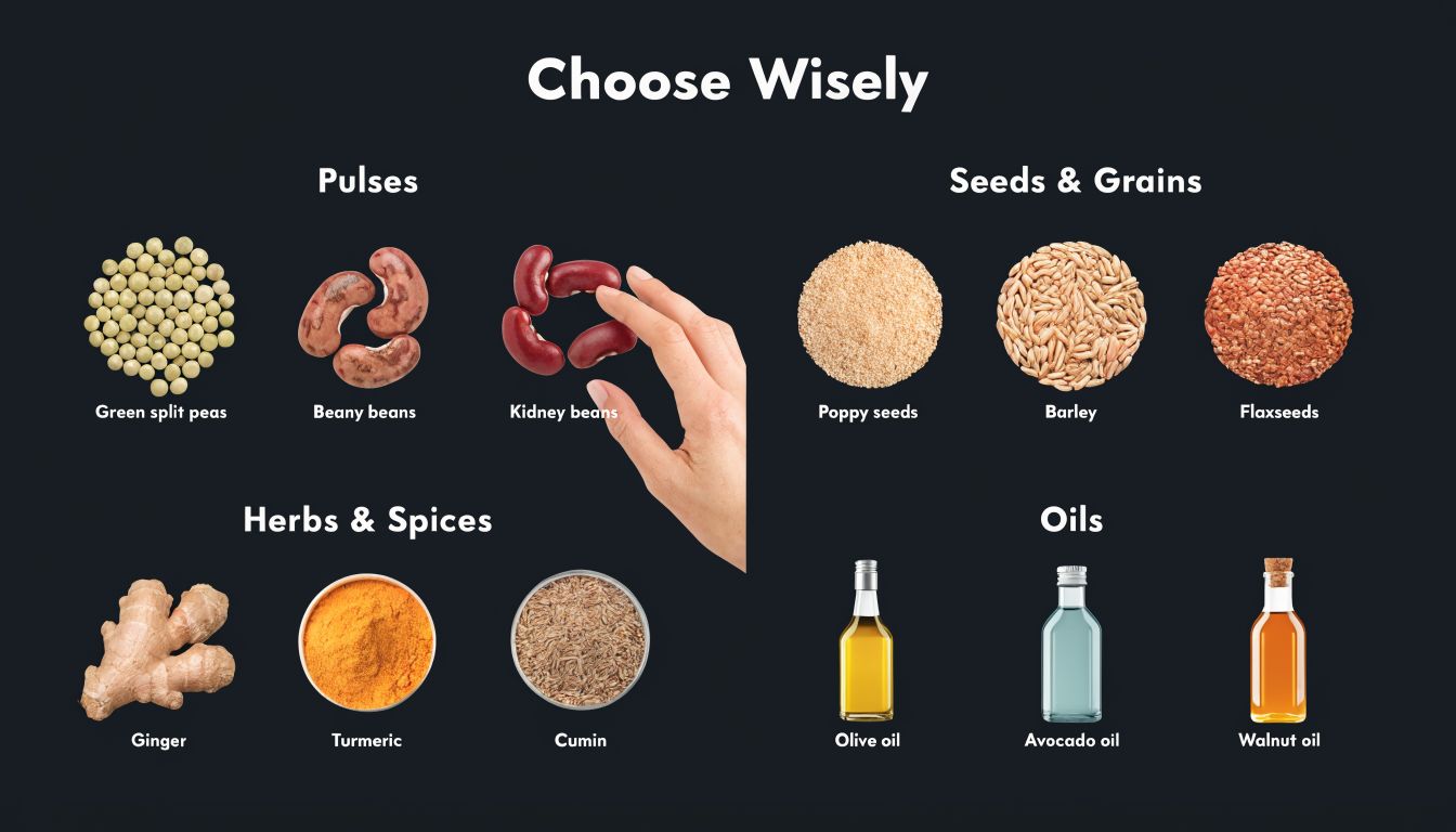 A nutritional guide showcasing various pulses, seeds, grains, herbs, spices, and oils for healthy food choices.