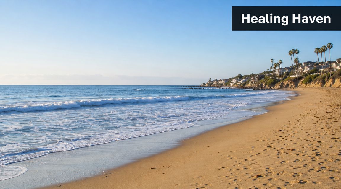 A serene sandy beach at sunset in Orange County with coastal homes and palm trees above cliffs.