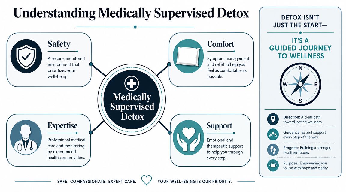 An infographic detailing the benefits of medically supervised detox including safety, comfort, expertise, and therapeutic support.