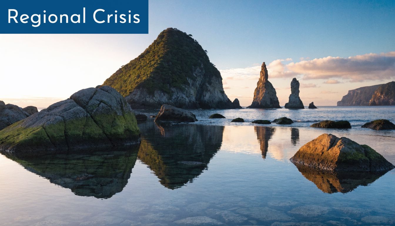 A serene coastal landscape with large rocky cliffs reflecting in the calm, clear ocean water at sunrise.