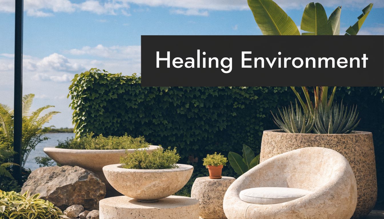 A serene outdoor lounge area with stone seating, lush plants, and a peaceful waterfront view.
