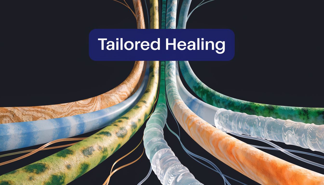 Abstract representation of diverse, textured tubes converging, symbolizing the concept of tailored healing and personalized medicine.