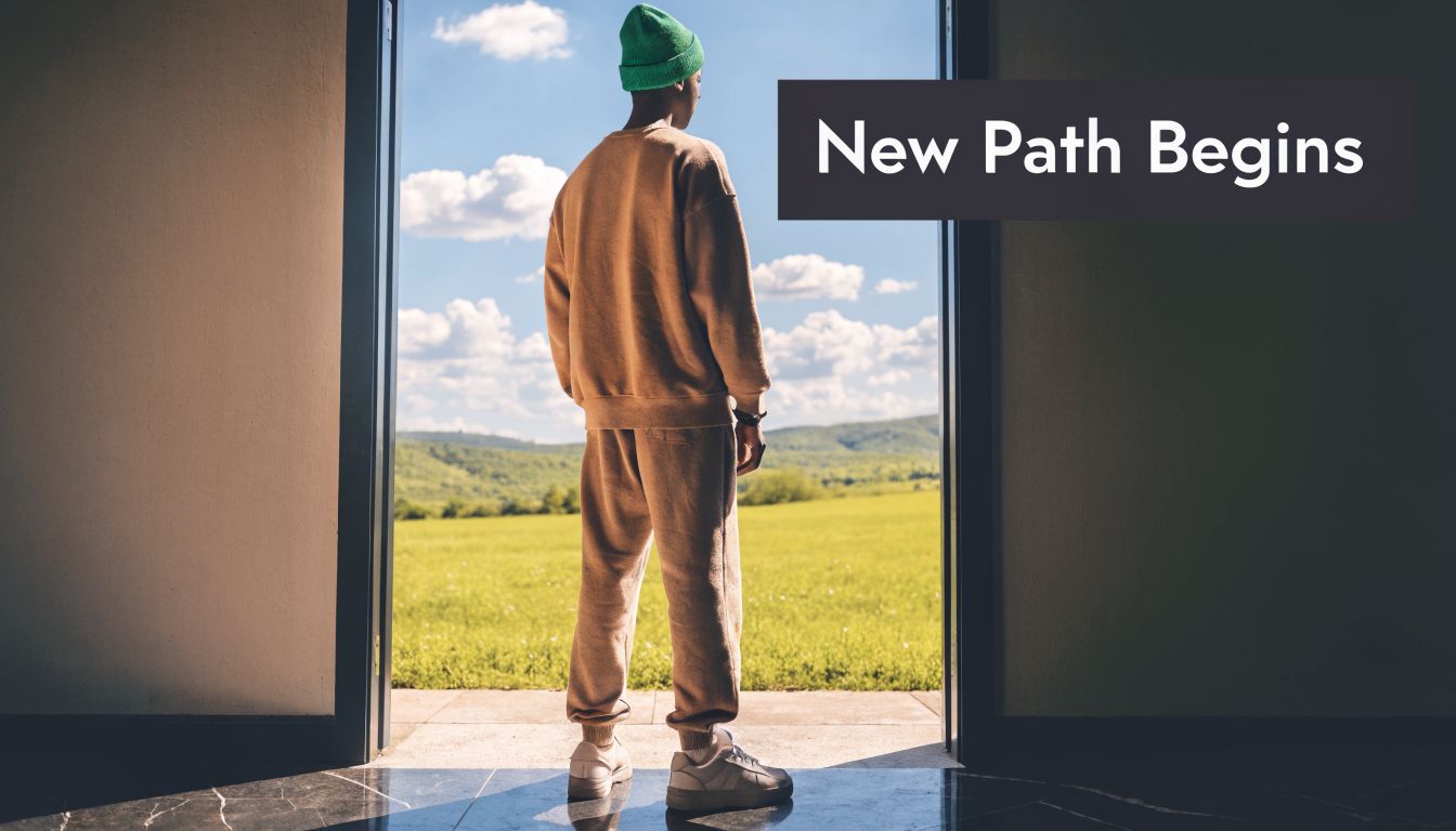 A young man standing in a doorway looking out at a sunny green field and hills