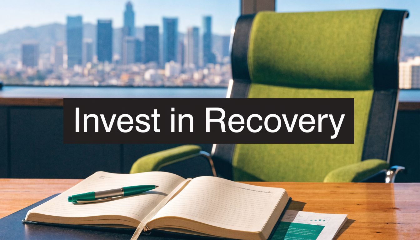 An open notebook with a green pen rests on a wooden desk before a Los Angeles skyline.
