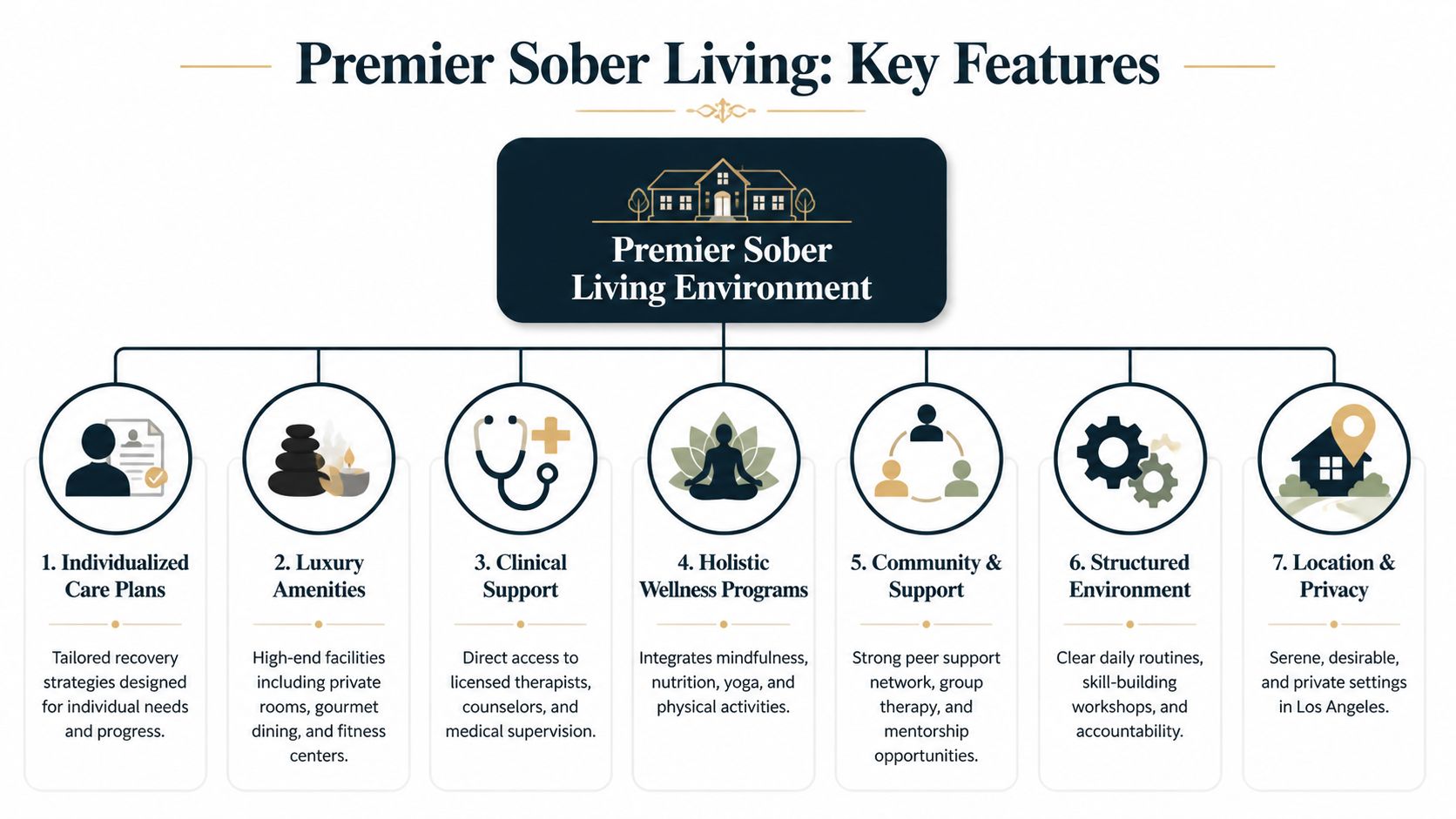 An infographic detailing seven key features of a premier sober living environment, including care and luxury amenities.