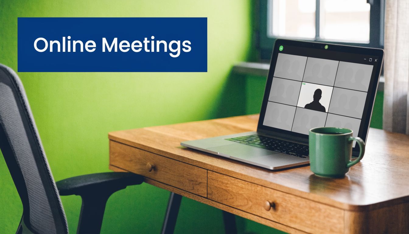 A home office desk featuring an open laptop displaying an online video meeting with several participants.