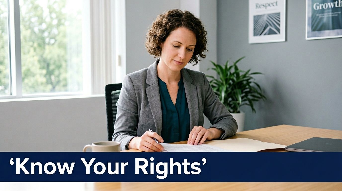 A professional woman sitting at a desk reviewing documents with the text Know Your Rights displayed below.