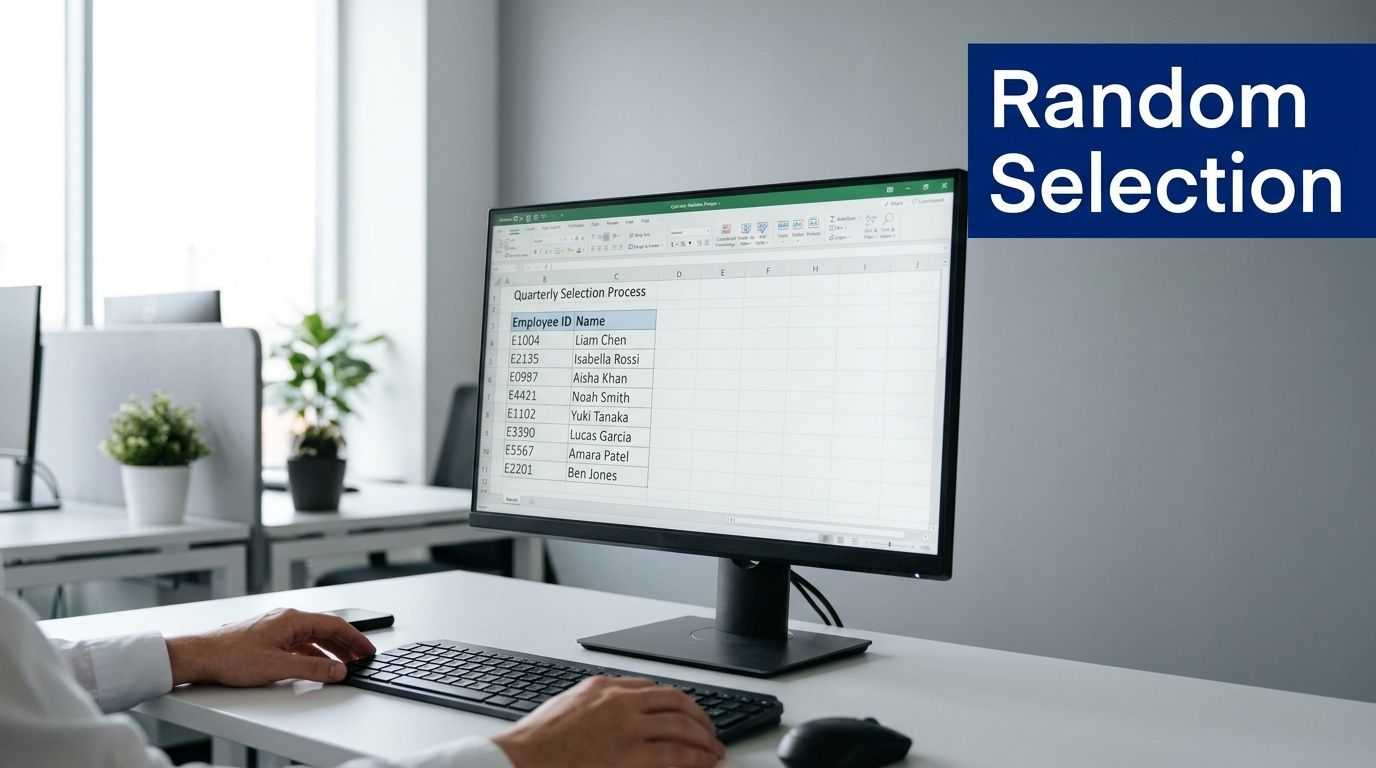 A person using a desktop computer to view a quarterly selection list in an office setting.