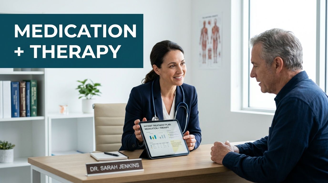 A female doctor sits at her desk explaining a patient treatment plan to an older male patient.
