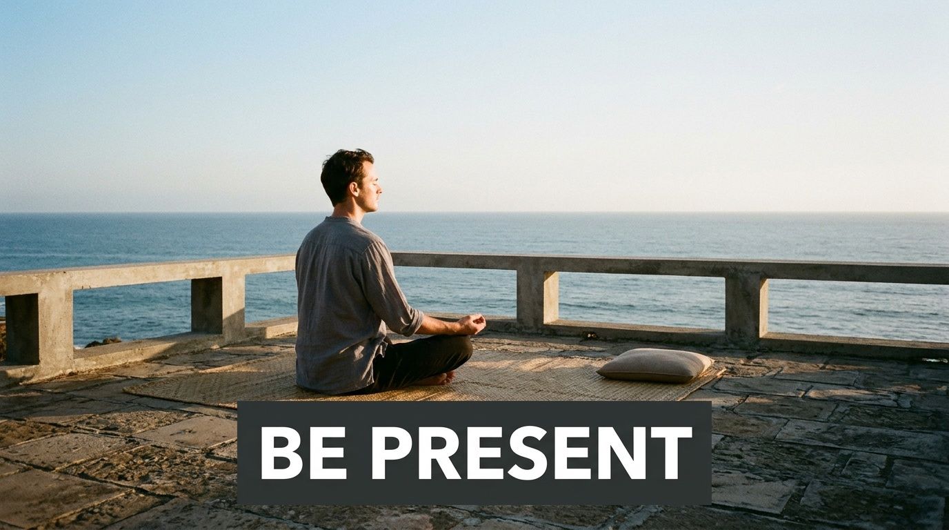 A man sitting in a meditative pose on a stone terrace overlooking the calm ocean.
