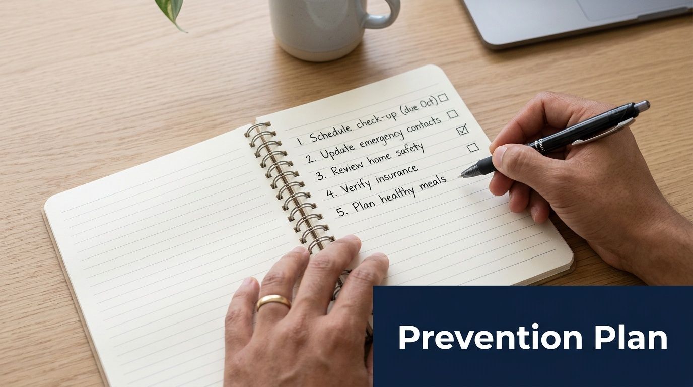 A person writing a prevention plan list in a notebook while sitting at a wooden desk.
