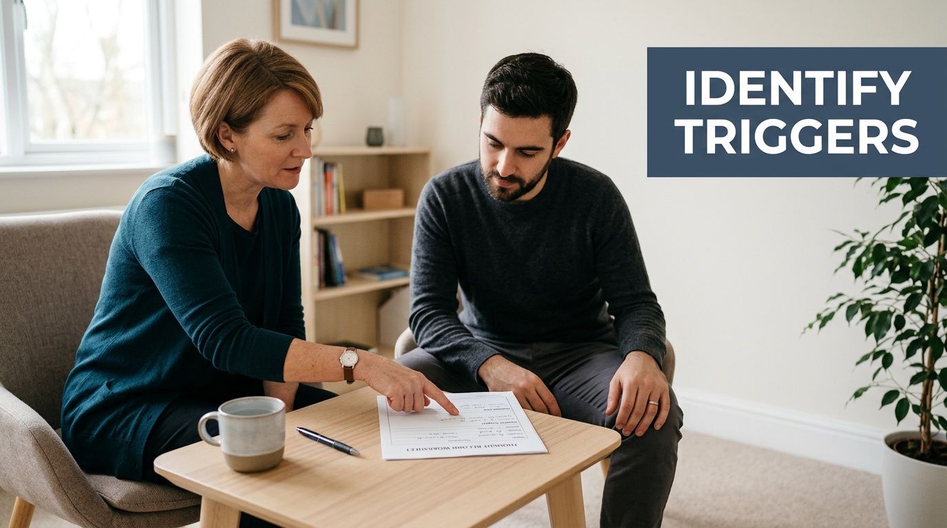 A professional therapist pointing to a document on a table while counseling a man during a session.