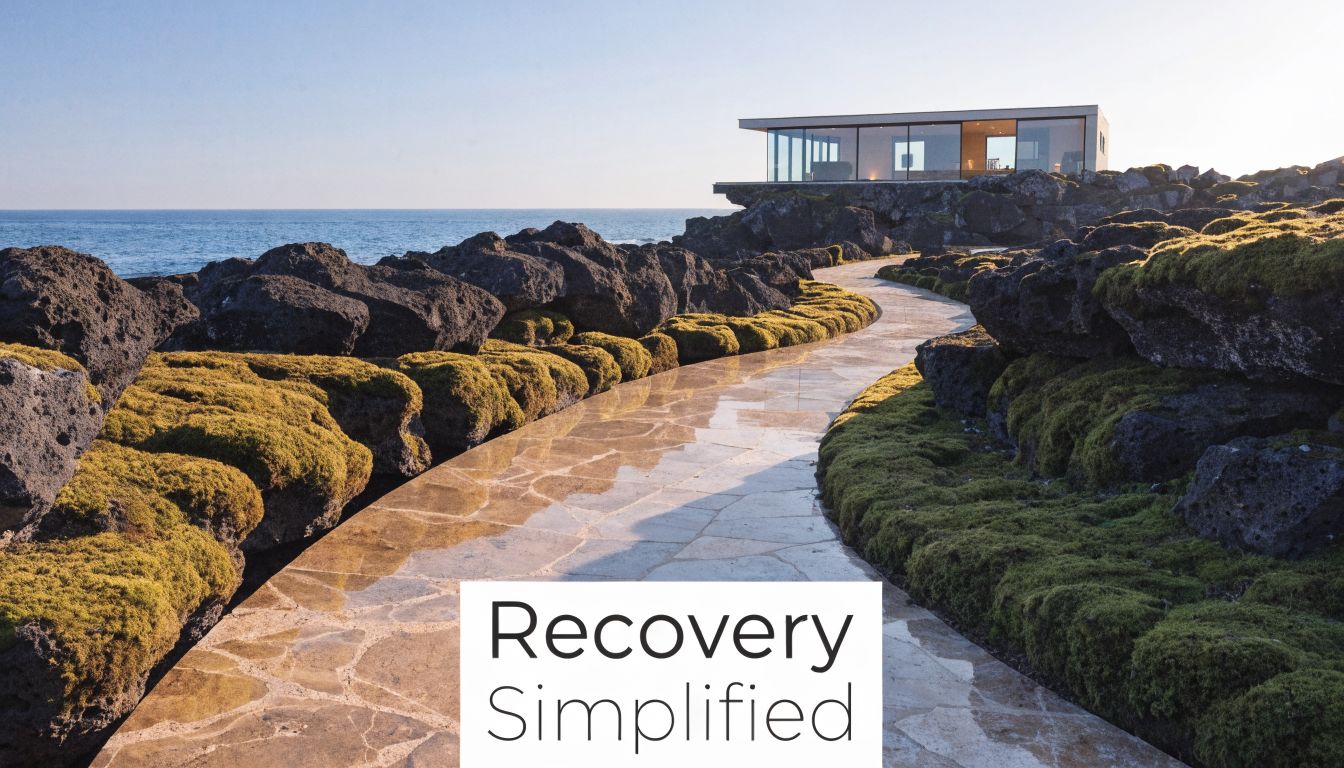 A modern coastal villa overlooking the ocean with a scenic stone path through lush, mossy volcanic rocks.