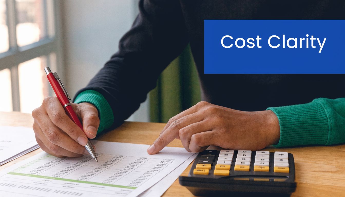 A professional analyzing financial documents with a red pen and calculator, focusing on healthcare cost clarity.