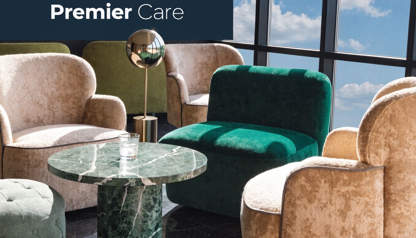 A modern lounge area with plush armchairs and a marble coffee table in a bright setting.