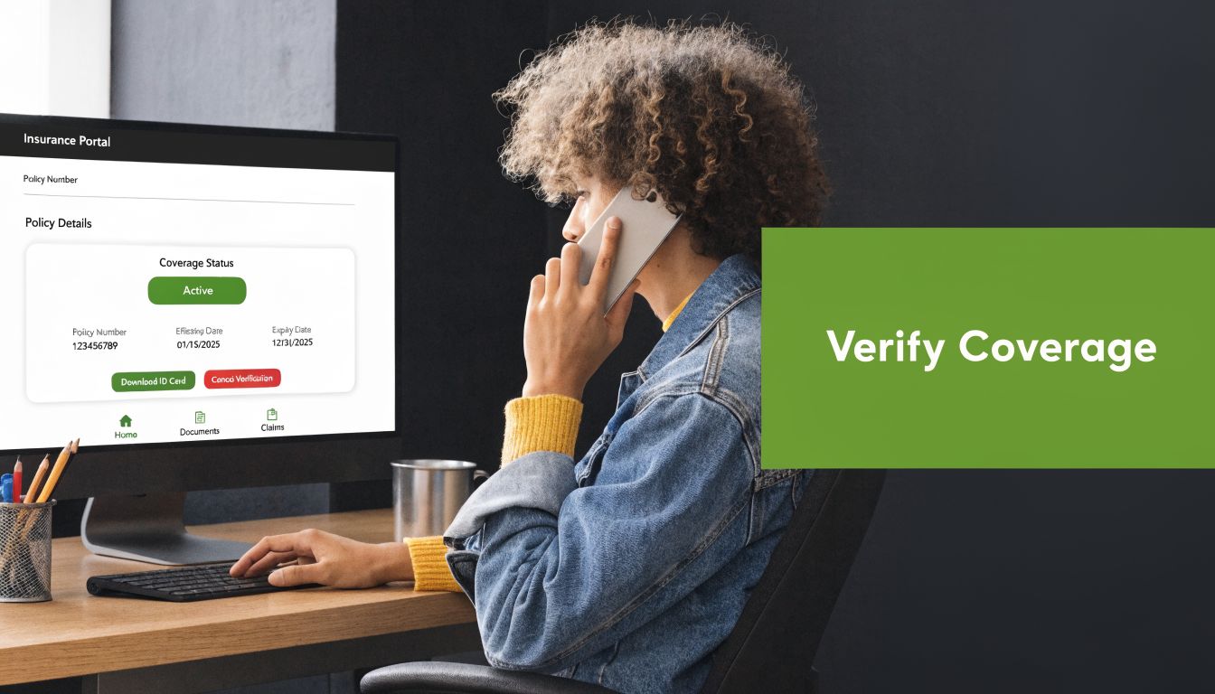 A person with curly hair working at a computer while talking on the phone to verify coverage.