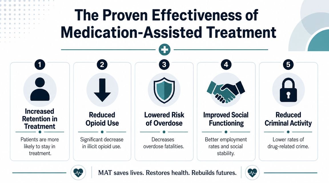 An infographic detailing five key proven benefits of medication-assisted treatment for individuals recovering from opioid addiction.