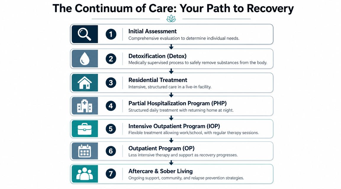 A diagram illustrating the seven stages of the continuum of care for addiction recovery and treatment.