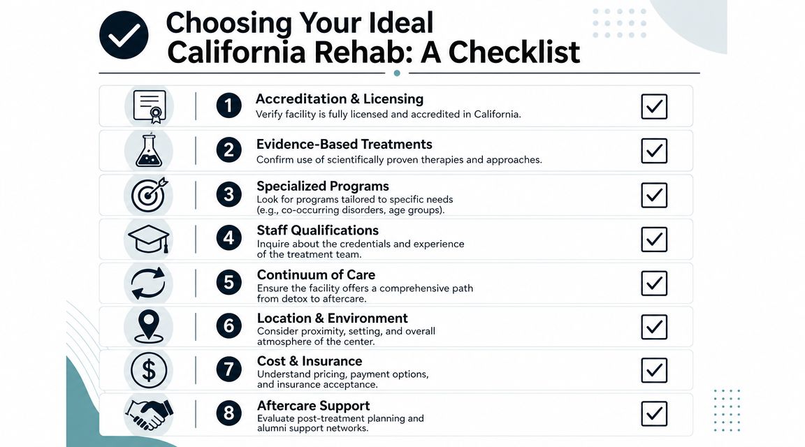 A checklist infographic titled Choosing Your Ideal California Rehab outlining eight key factors for selecting a facility.