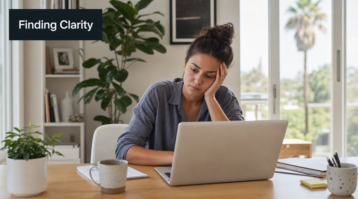 A woman looks tired and frustrated while working on her laptop at a desk at home.