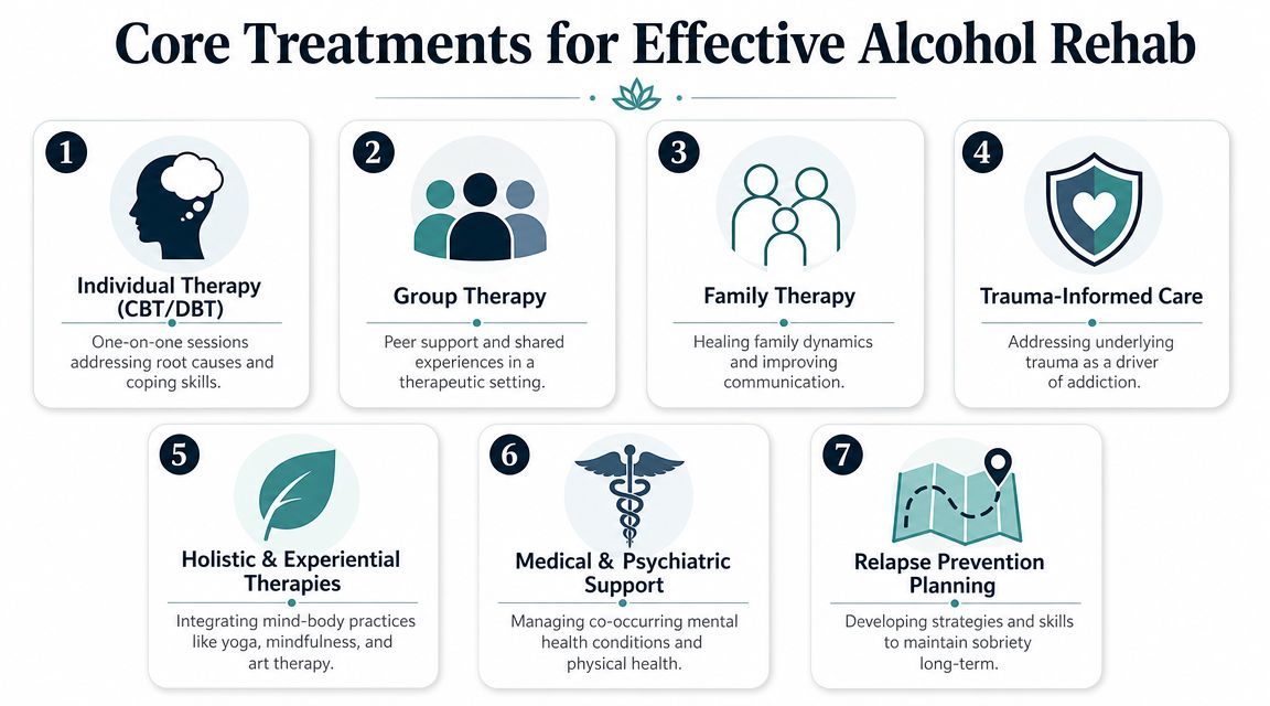 An infographic titled Core Treatments for Effective Alcohol Rehab illustrating seven key therapeutic approaches for addiction recovery.