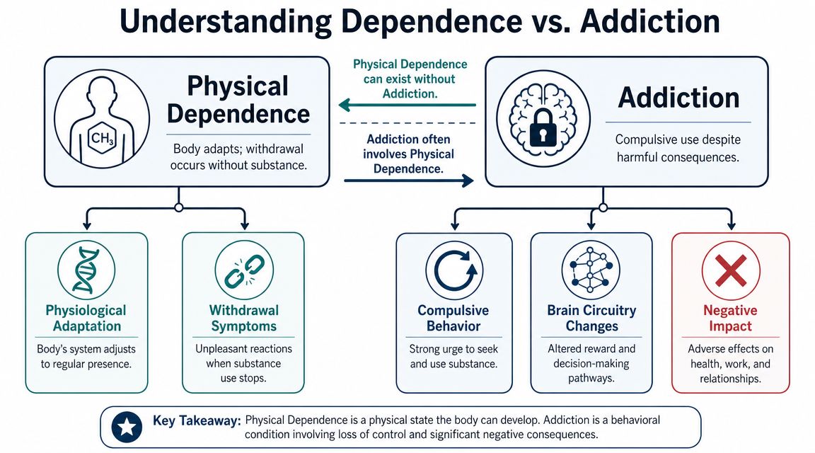 An infographic diagram distinguishing between the definitions and key characteristics of physical dependence and clinical addiction.
