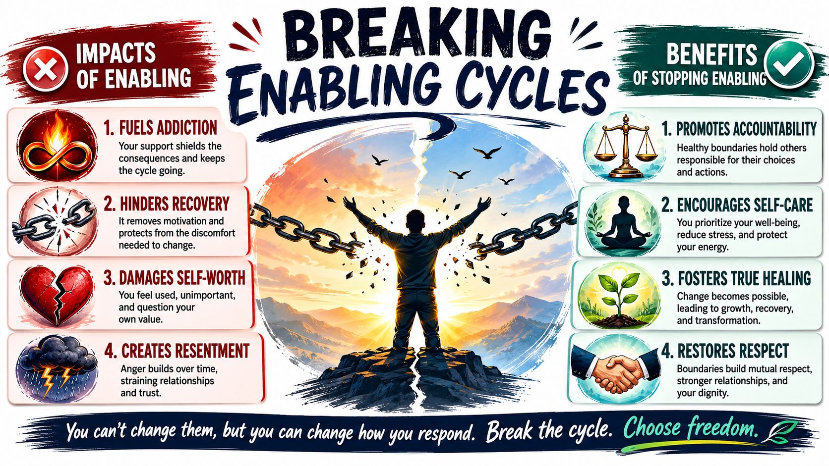 A visual guide contrasting the negative impacts of enabling with the positive benefits of establishing healthy boundaries.