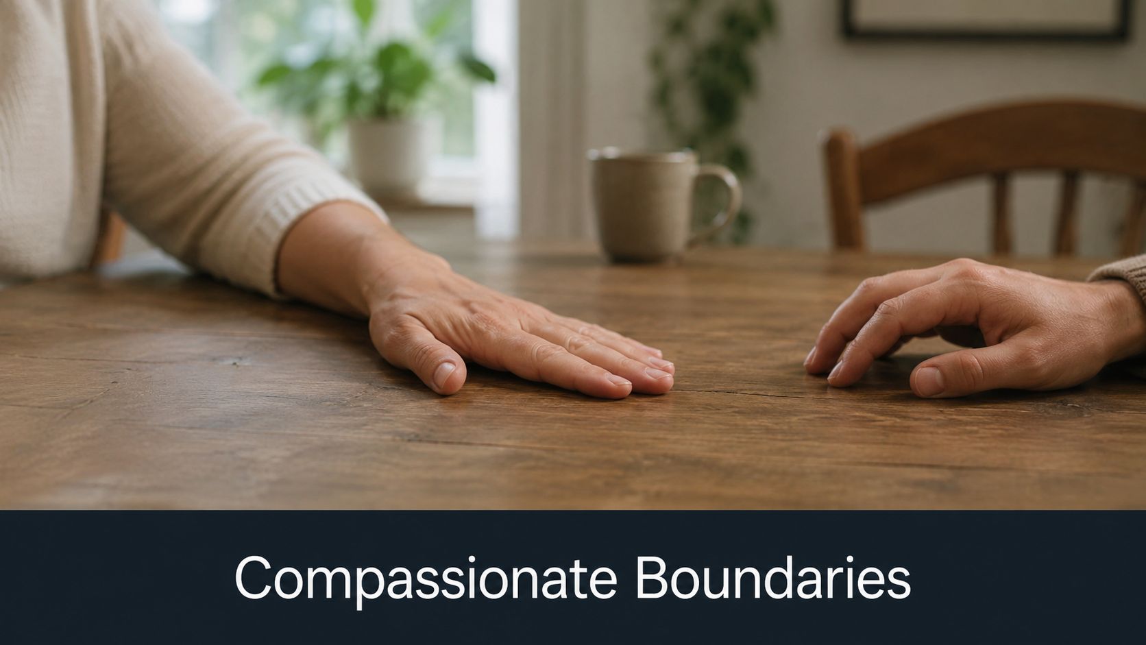 Two people sitting at a wooden table with hands separated, representing the concept of compassionate boundaries.