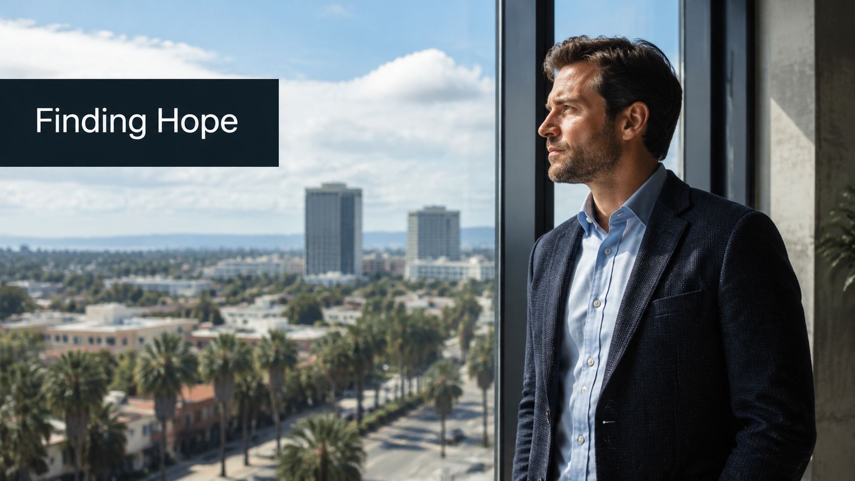 A professional man looking out an office window at an urban landscape with palm trees.