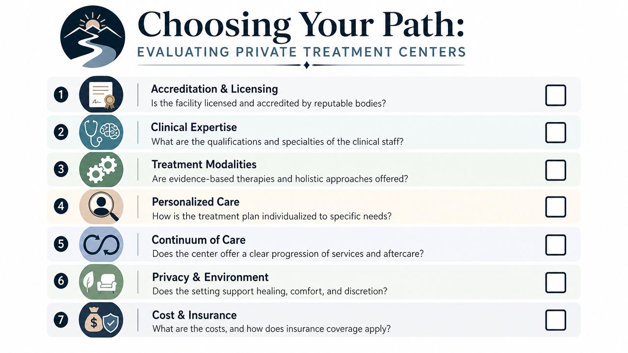 A checklist for evaluating private treatment centers, featuring seven essential criteria for choosing the right facility.