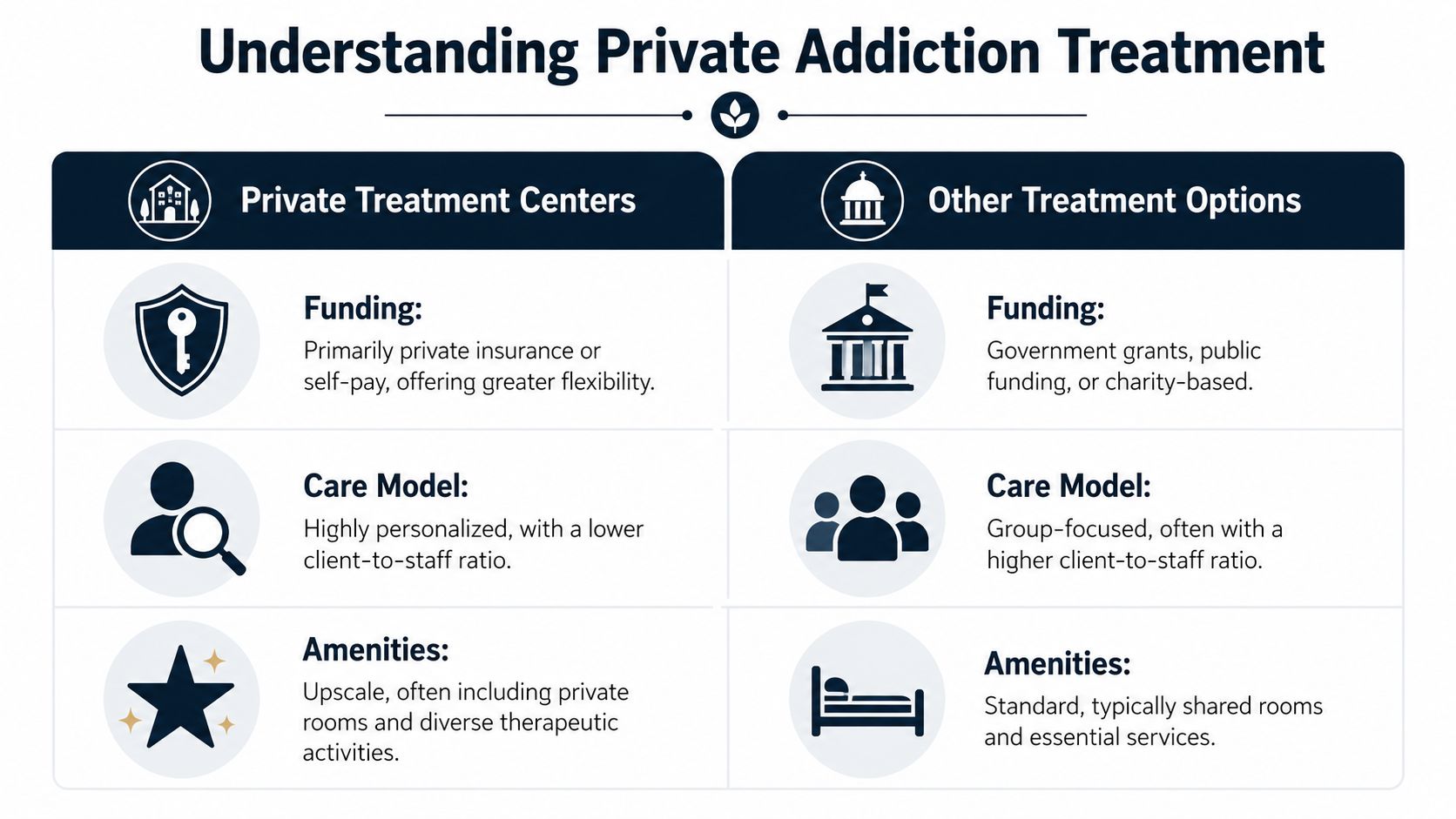 A comparison chart outlining differences between private addiction treatment centers and other public treatment options.