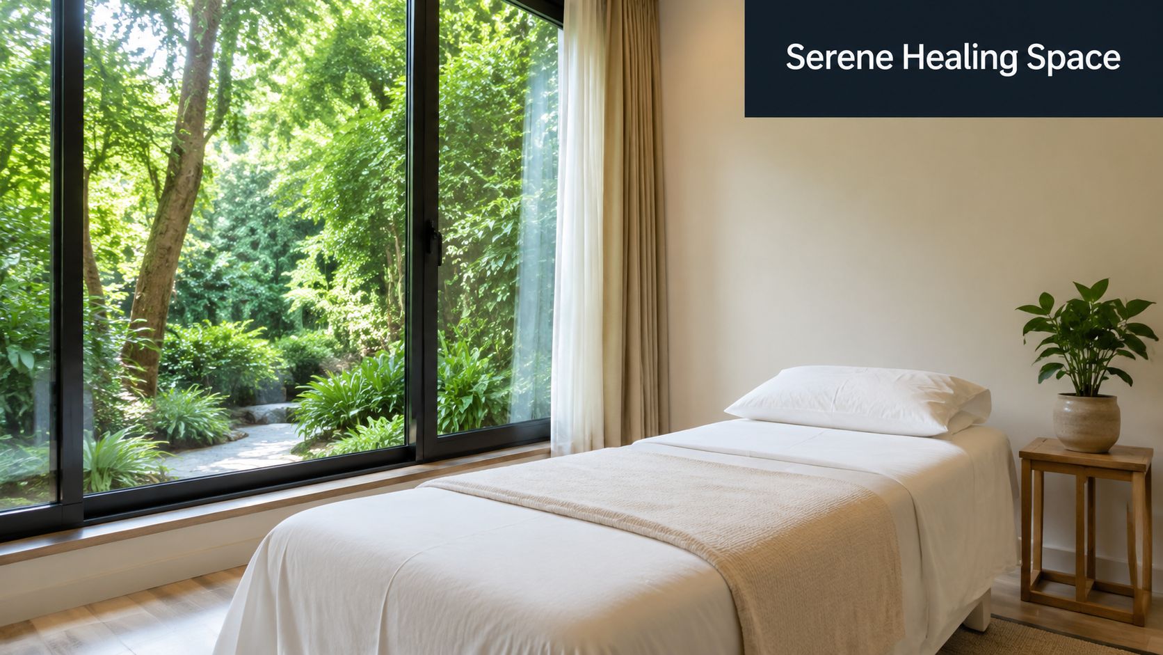 A serene massage therapy room with a treatment bed next to a window overlooking lush green trees.