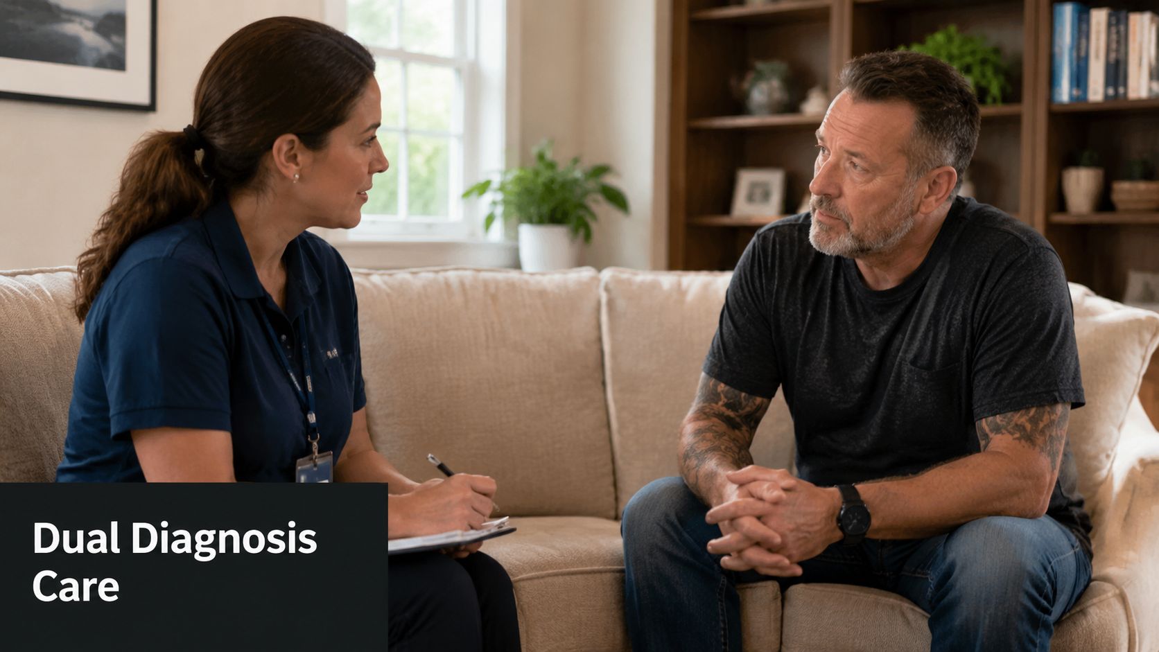 A healthcare professional interviewing a man in a living room setting for dual diagnosis care.