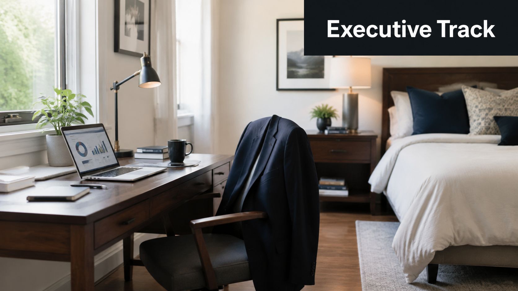 A professional home office setup featuring a desk with a laptop, a suit jacket, and a nearby bed.